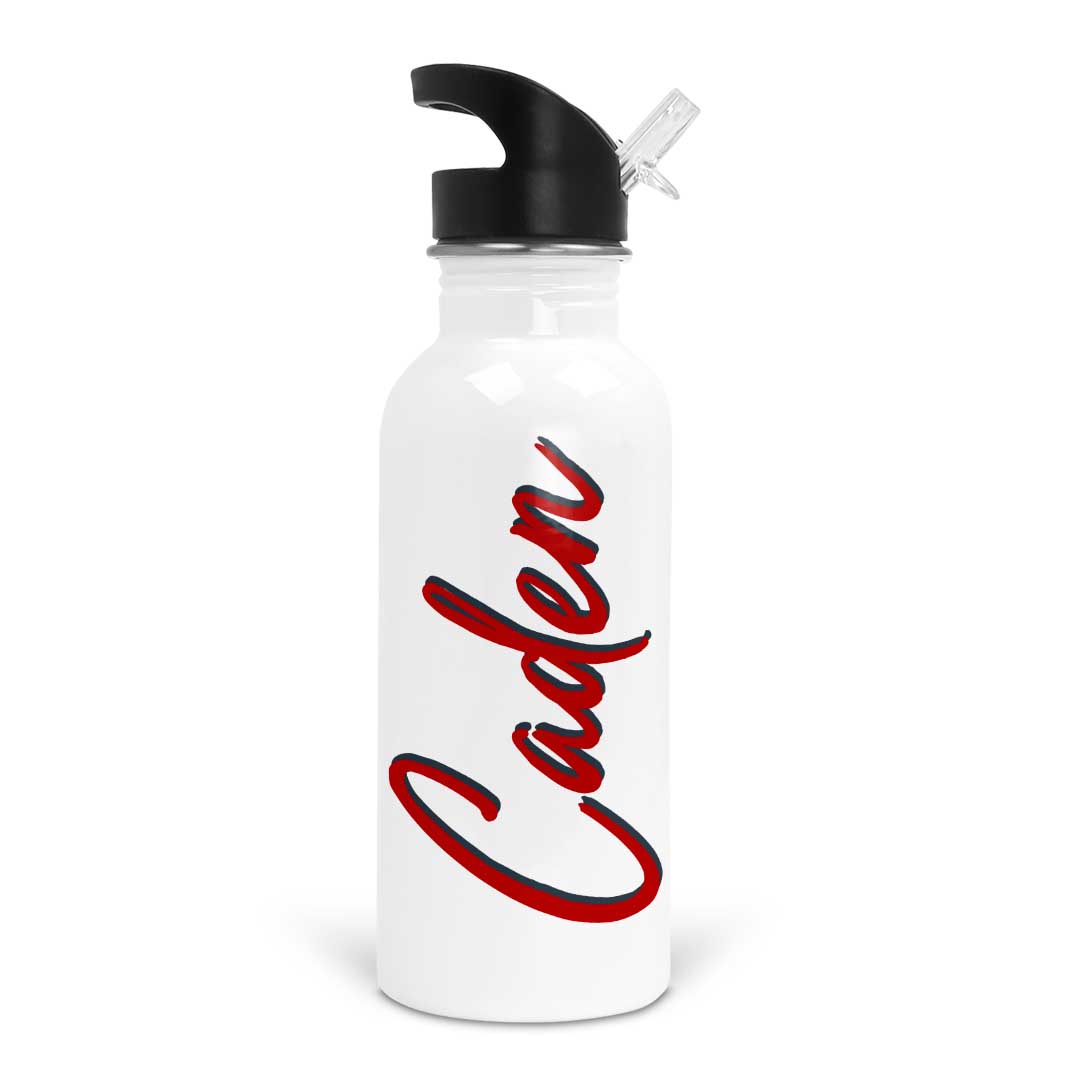 cardinal and navy script personalized water bottele