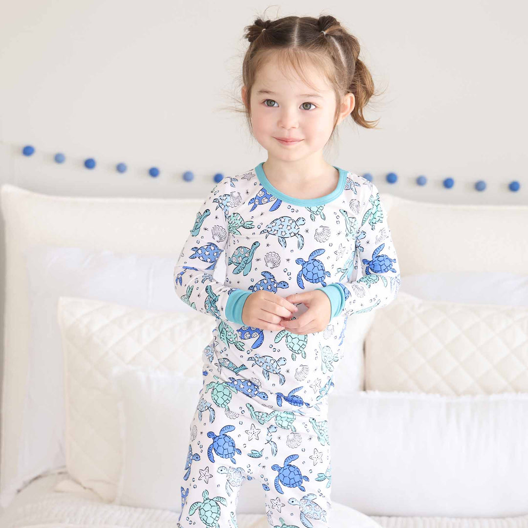 kids sea turtle long sleeve and pant two piece pajama set for girls 