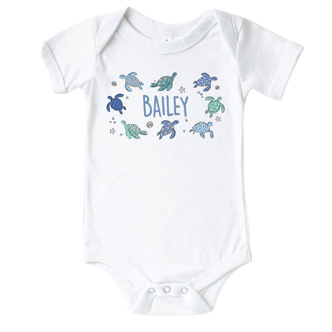 Personalized Sea Turtle Splash Graphic Bodysuit | White