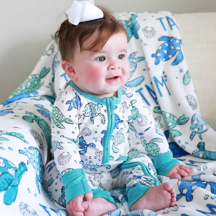 convertible zip romper pajama for babies and toddlers with sea turtles