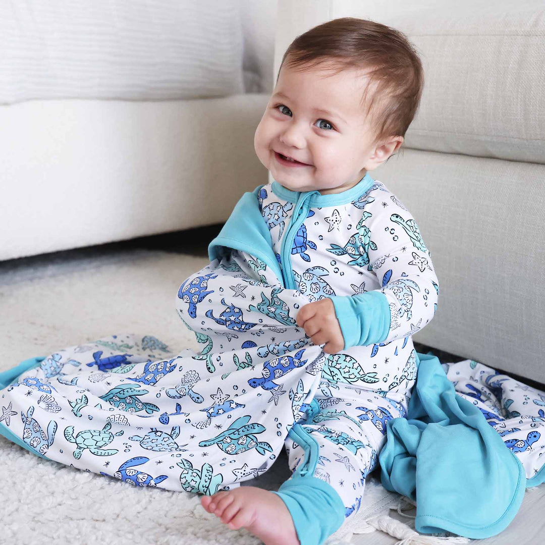 turquoise and blue bamboo baby pajama romper 