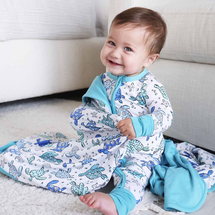 turquoise and blue bamboo baby pajama romper 