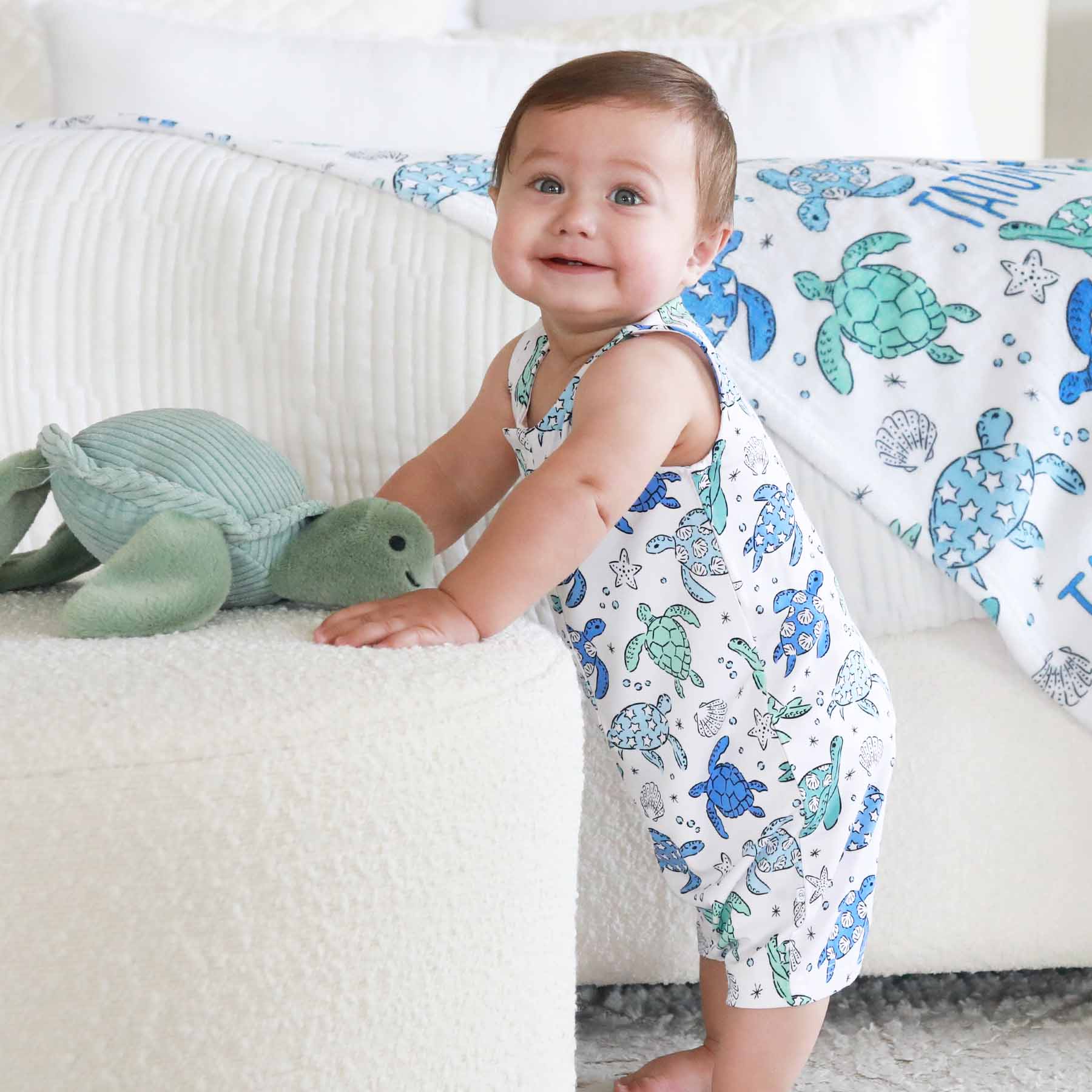Sleeveless Snap Romper | Sea Turtle Splash