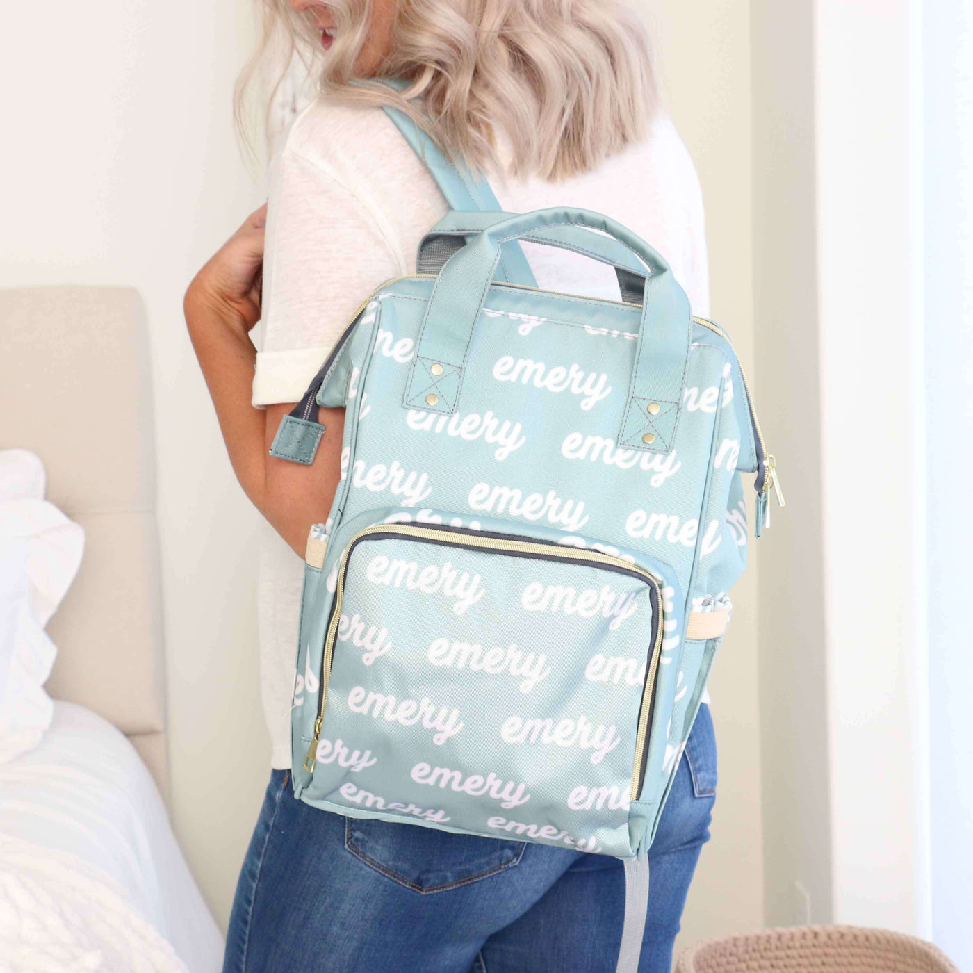 light blue personalized diaper bag backpack