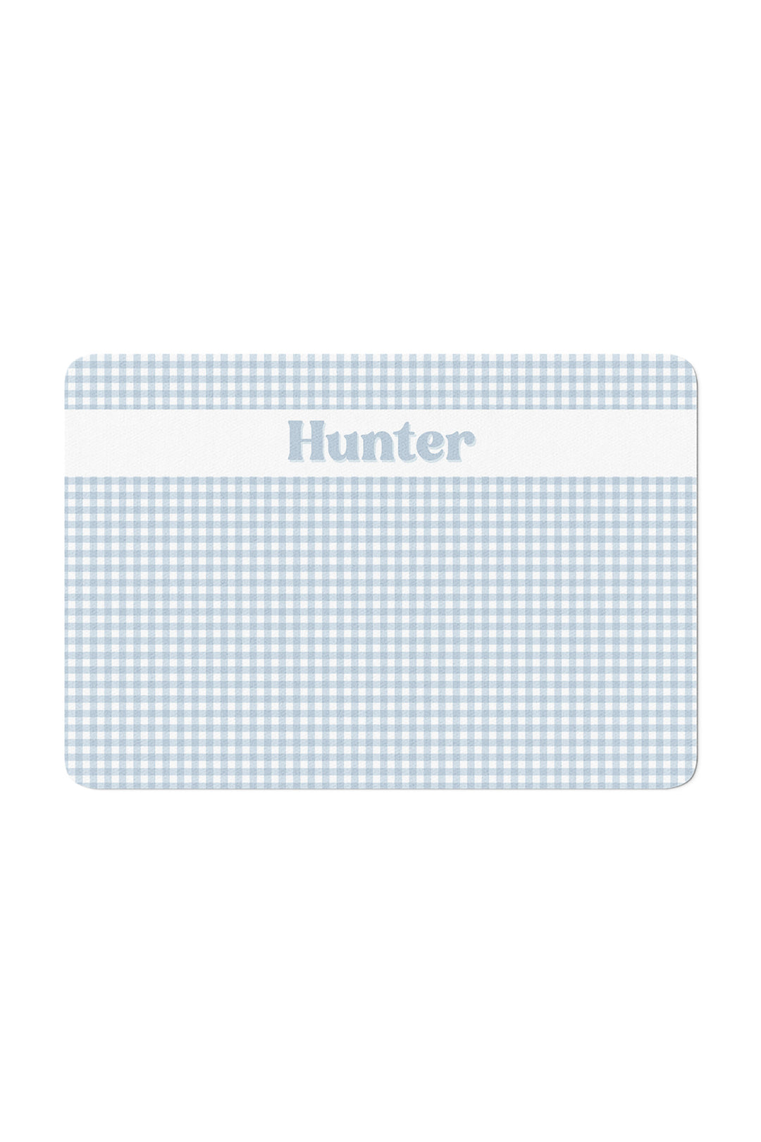 A personalized Lane & Leash  pet placemat with a light blue and white gingham pattern, featuring a white horizontal band across the center with the name 'Hunter' printed in light blue text.