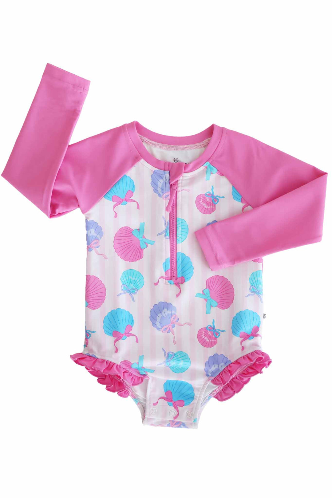 long sleeve rash guard with ruffle bottom in seaside sweetie