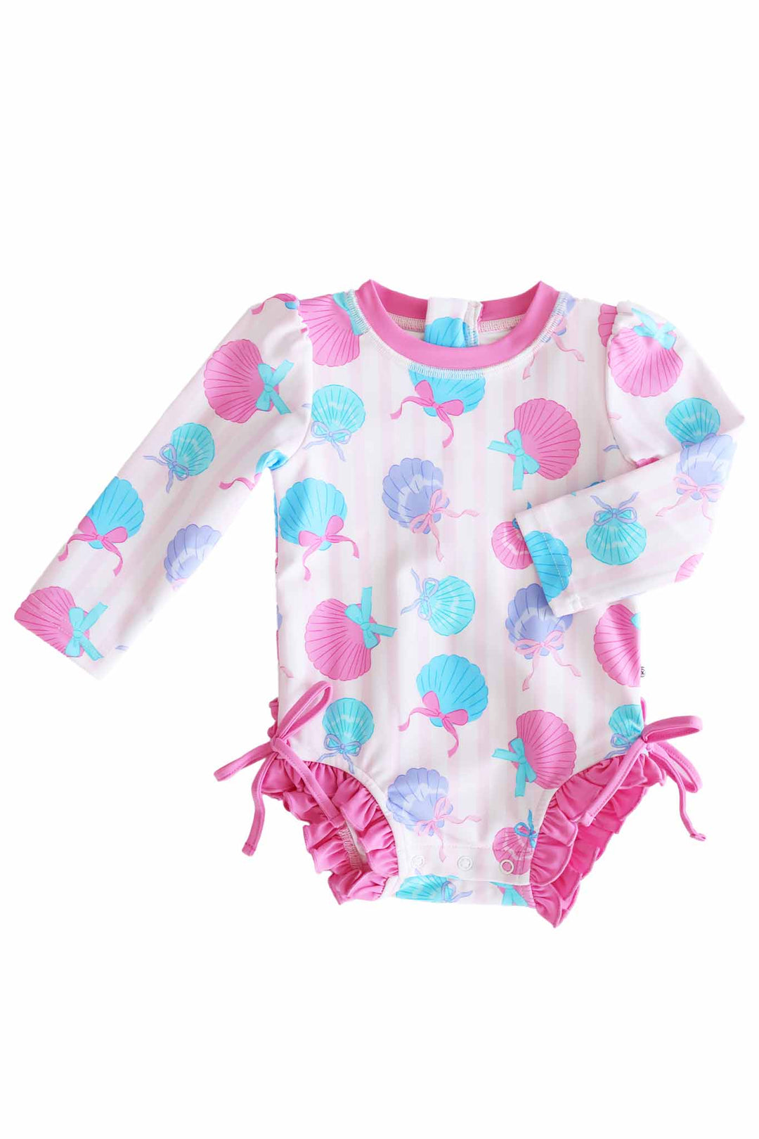 long sleeve rash guard with ruffle bottom in seaside sweetie