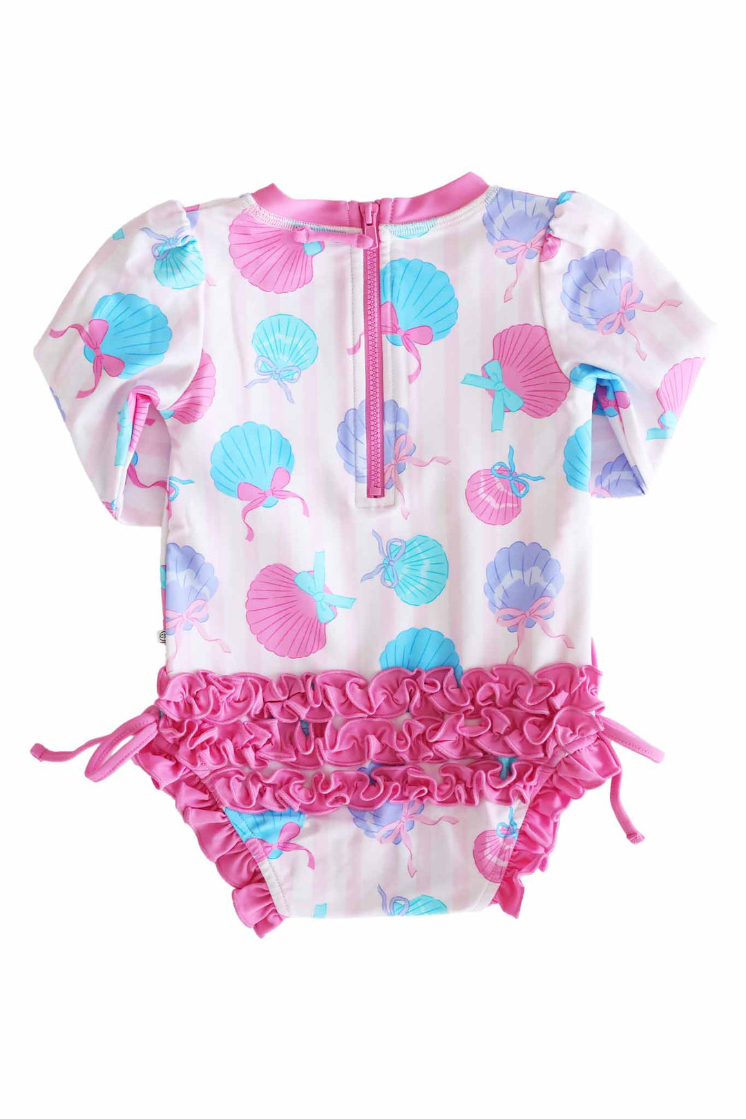 back view of ruffle bottom rash guard for girls in seaside sweetie print 