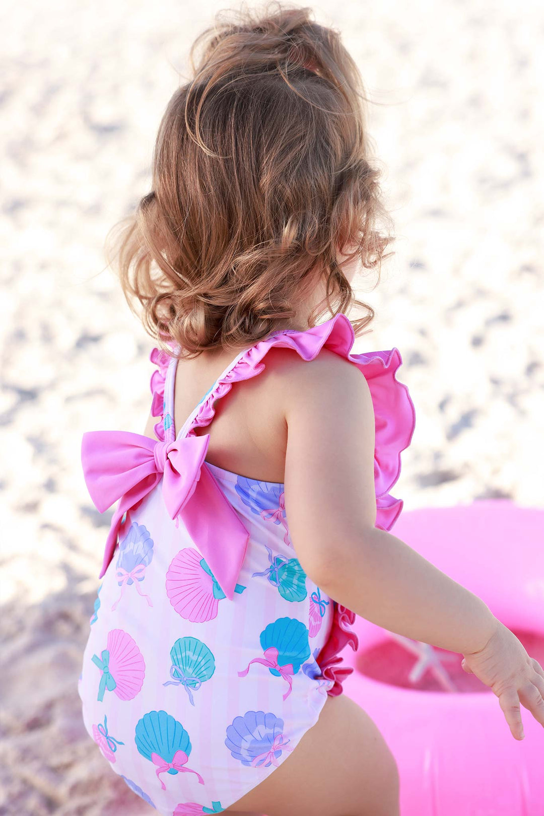 back bow double ruffle one piece swimsuit for girls in seashell print