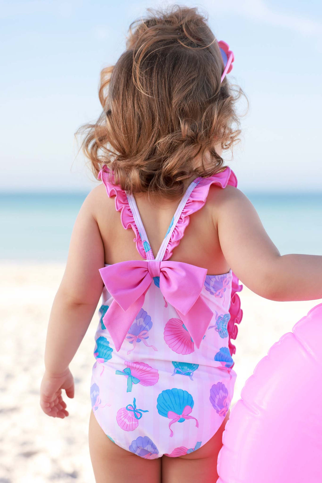 seaside sweetie double ruffle one piece swimsuit for girls blue, pink and purple 