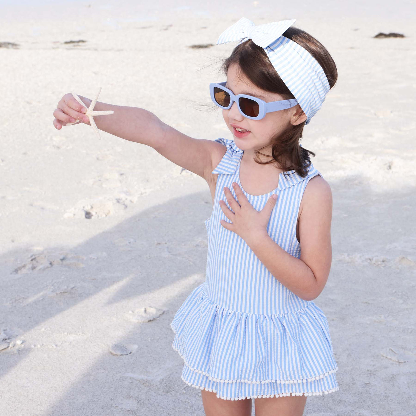 blue and white seersucker one piece swimsuit for kids with skirt 