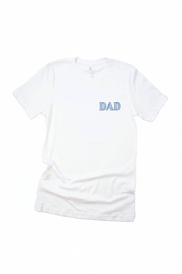 blue seersucker dad graphic tee in white
