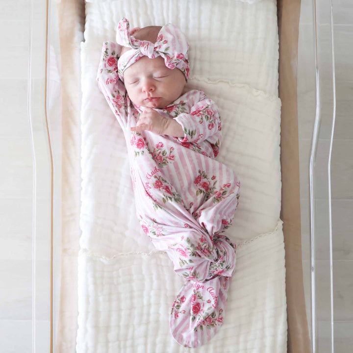 floral and strip personalized knot gown for girls 