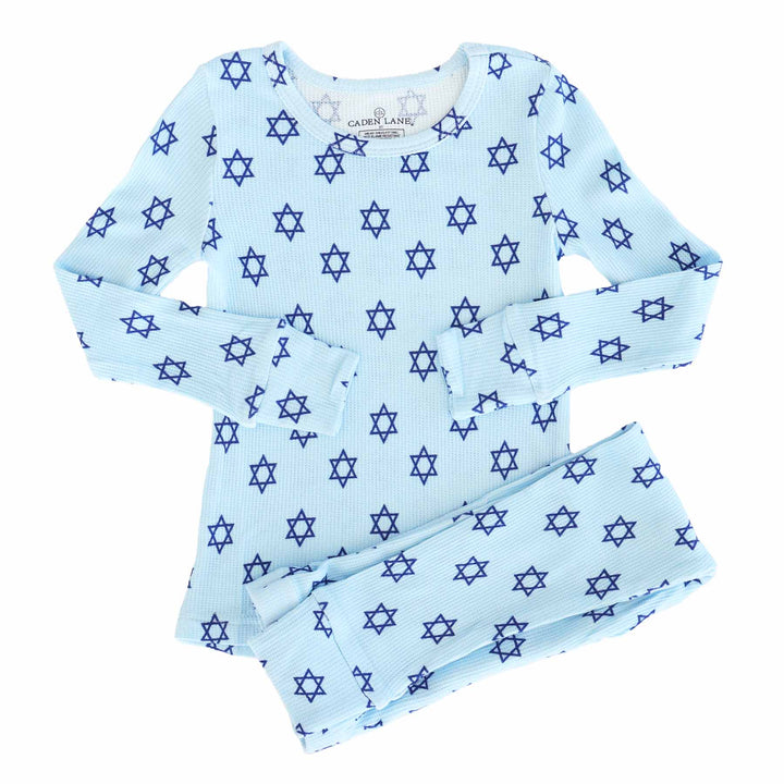 light blue hanukkah pajamas with navy stars of david 