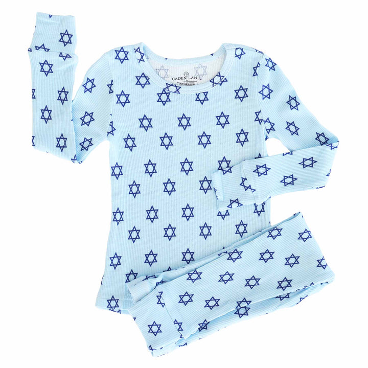 shalom snuggles two piece pajama set for kids light blue bamboo waffle pajamas with navy stars of david