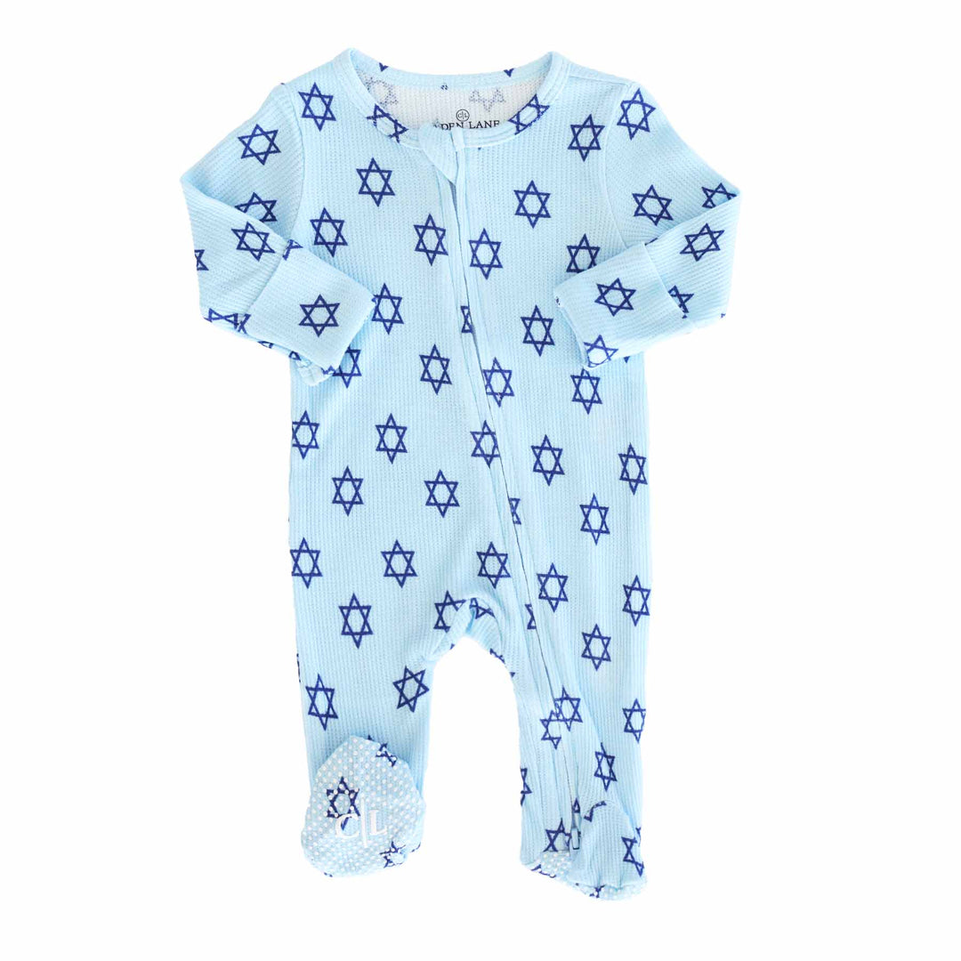 sibling matching hanukkah pajamas light blue with navy stars of david