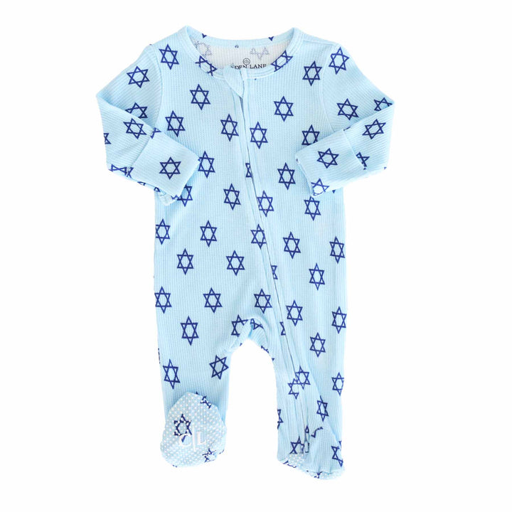 sibling matching hanukkah pajamas light blue with navy stars of david