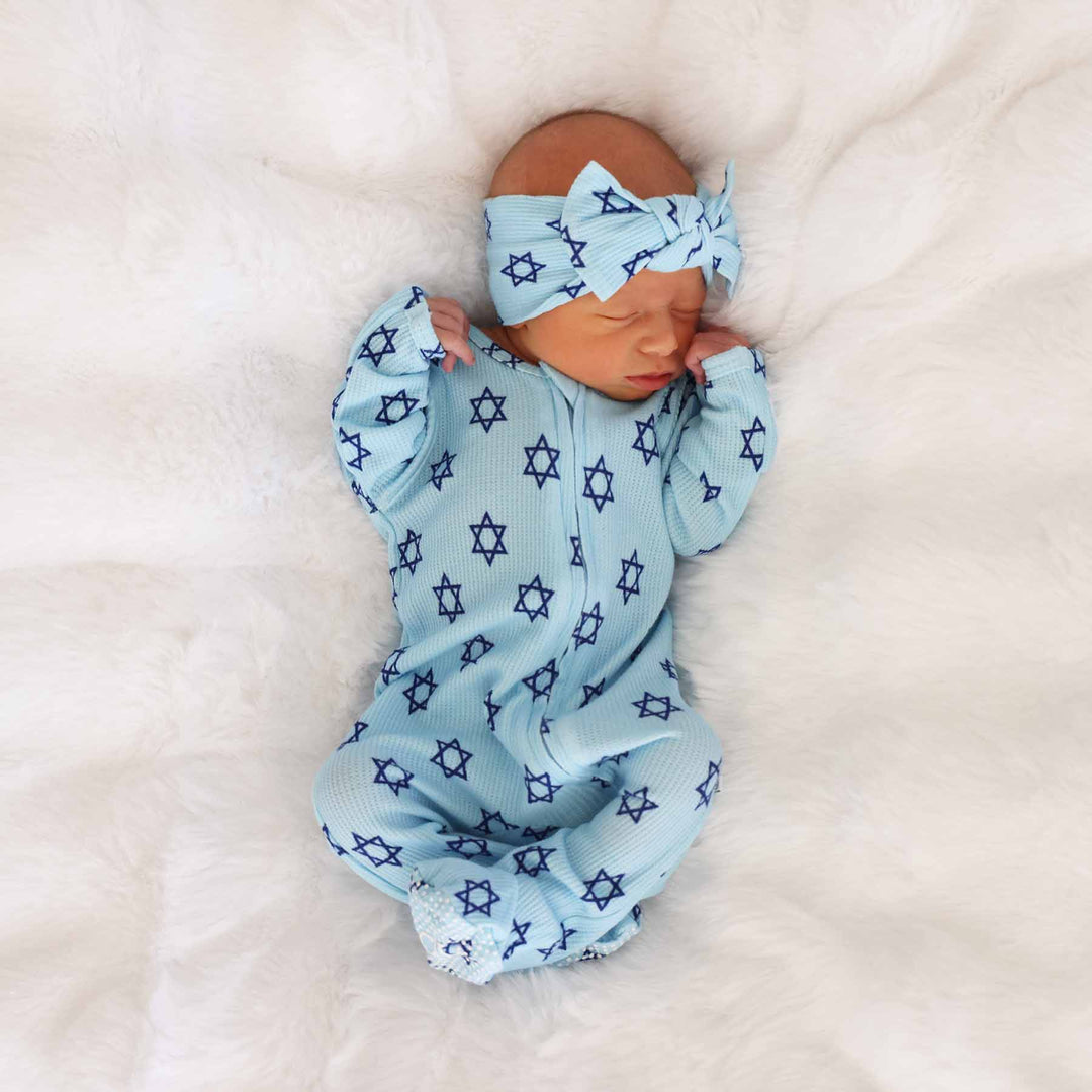 shalom snuggles bamboo waffle baby footie for hanukkah