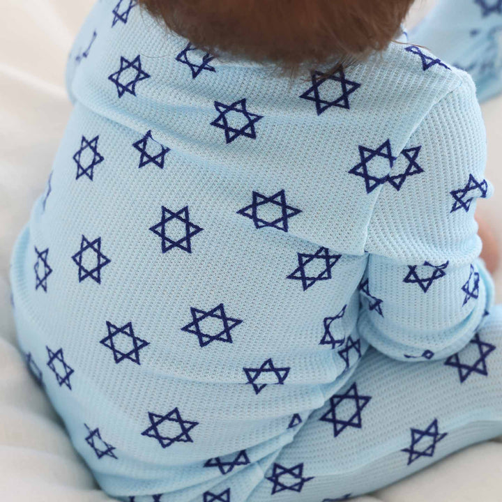 light blue with navy star bamboo waffle hanukkah footie for babies 