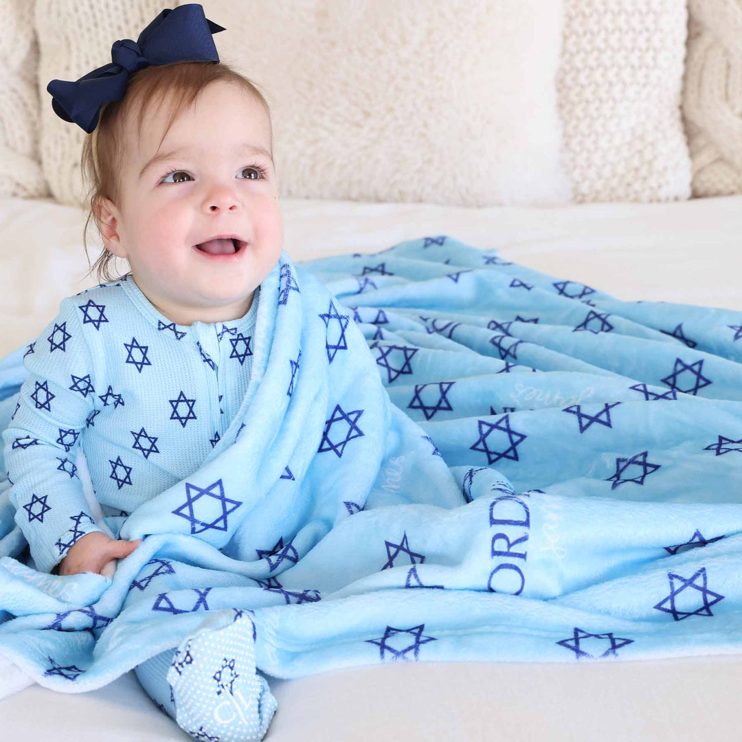 personalized name blanket for kids for hanukkah blue with navy stars of david