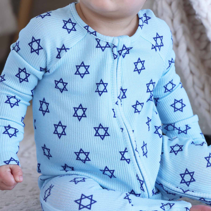 blue hanukkah bamboo waffle zip romper pajama for babies and toddlers 