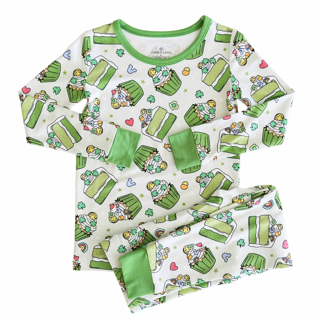 bright green st. patrick's day dessert pajama set with long sleeves and pants 