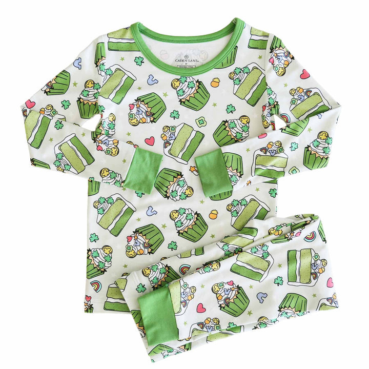 bright green st. patrick's day dessert pajama set with long sleeves and pants 