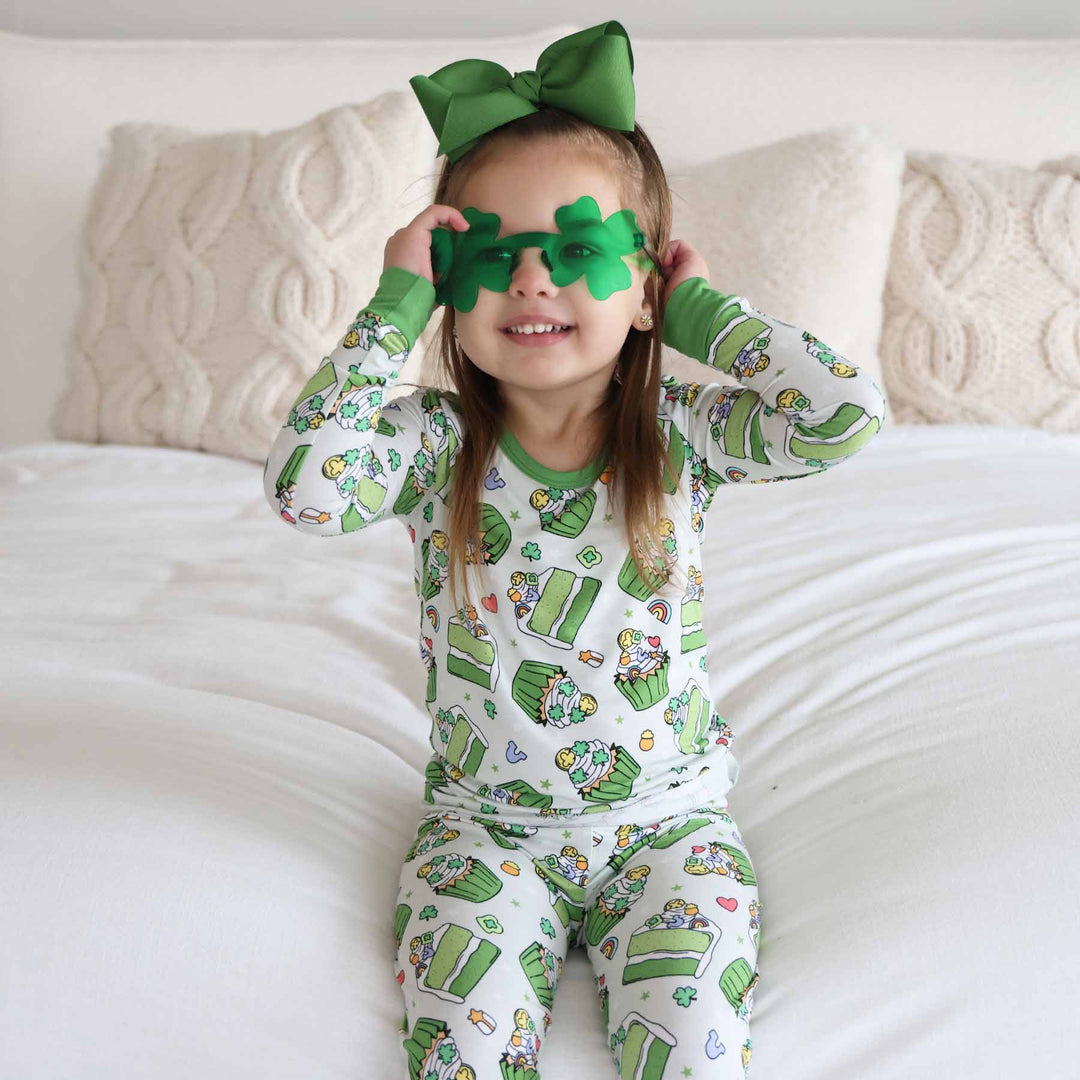 st. patrick's day cupcake and cake with clover and lucky charms two piece pajama set made of bamboo viscose 