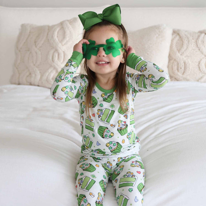 st. patrick's day cupcake and cake with clover and lucky charms two piece pajama set made of bamboo viscose 