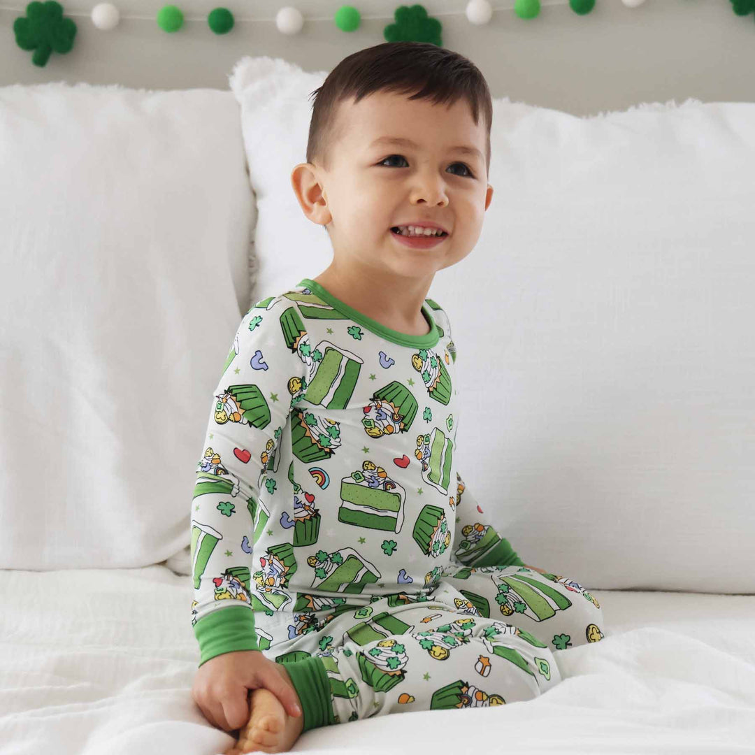 green cake and cupcake two piece pajama set for kids st. patrick's day 