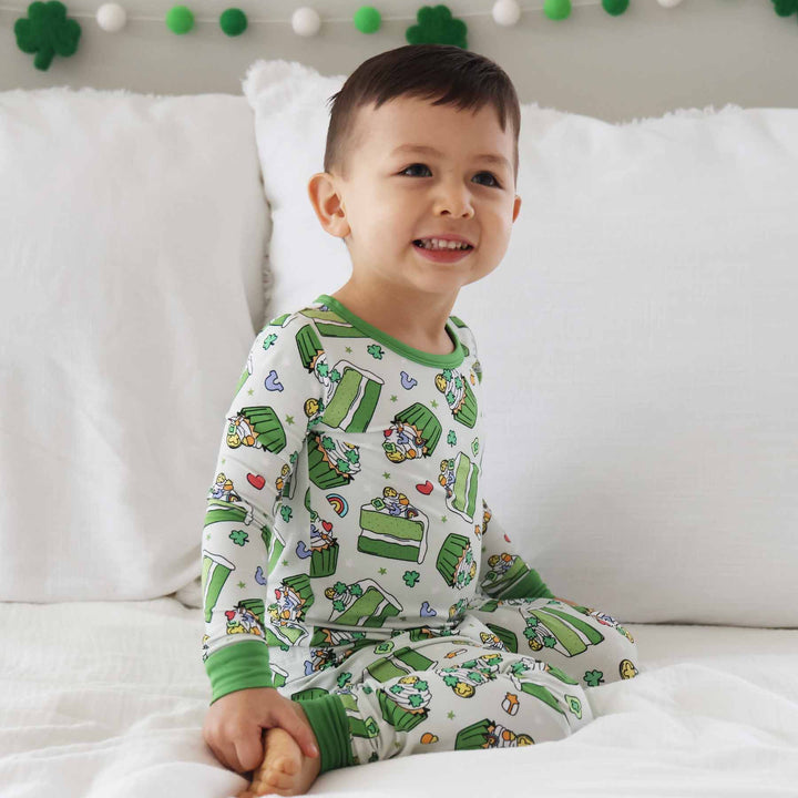 green cake and cupcake two piece pajama set for kids st. patrick's day 
