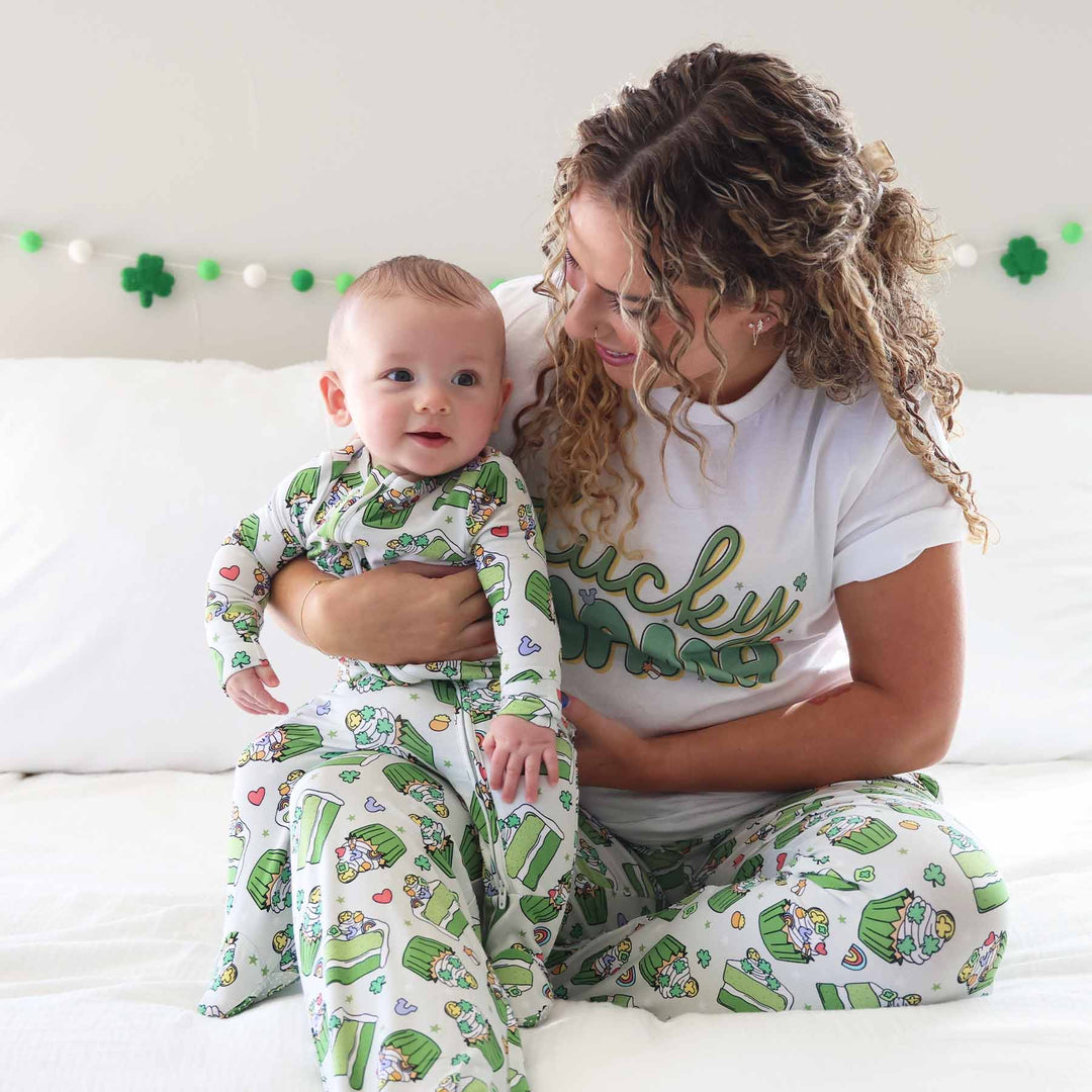 mom and son matching st. patrick's day pajamas 