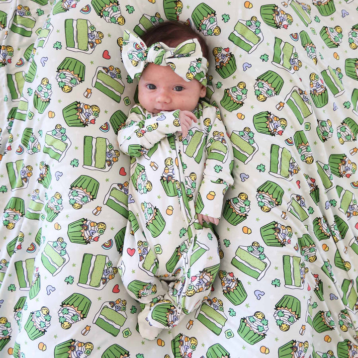 st. patrick's day dessert footie pajama with a matching blanket