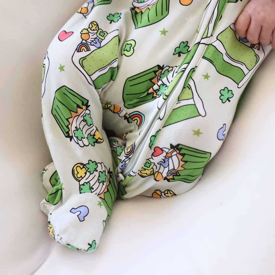 closeup of shamrock sweets st. patrick's day bamboo footie pajama 