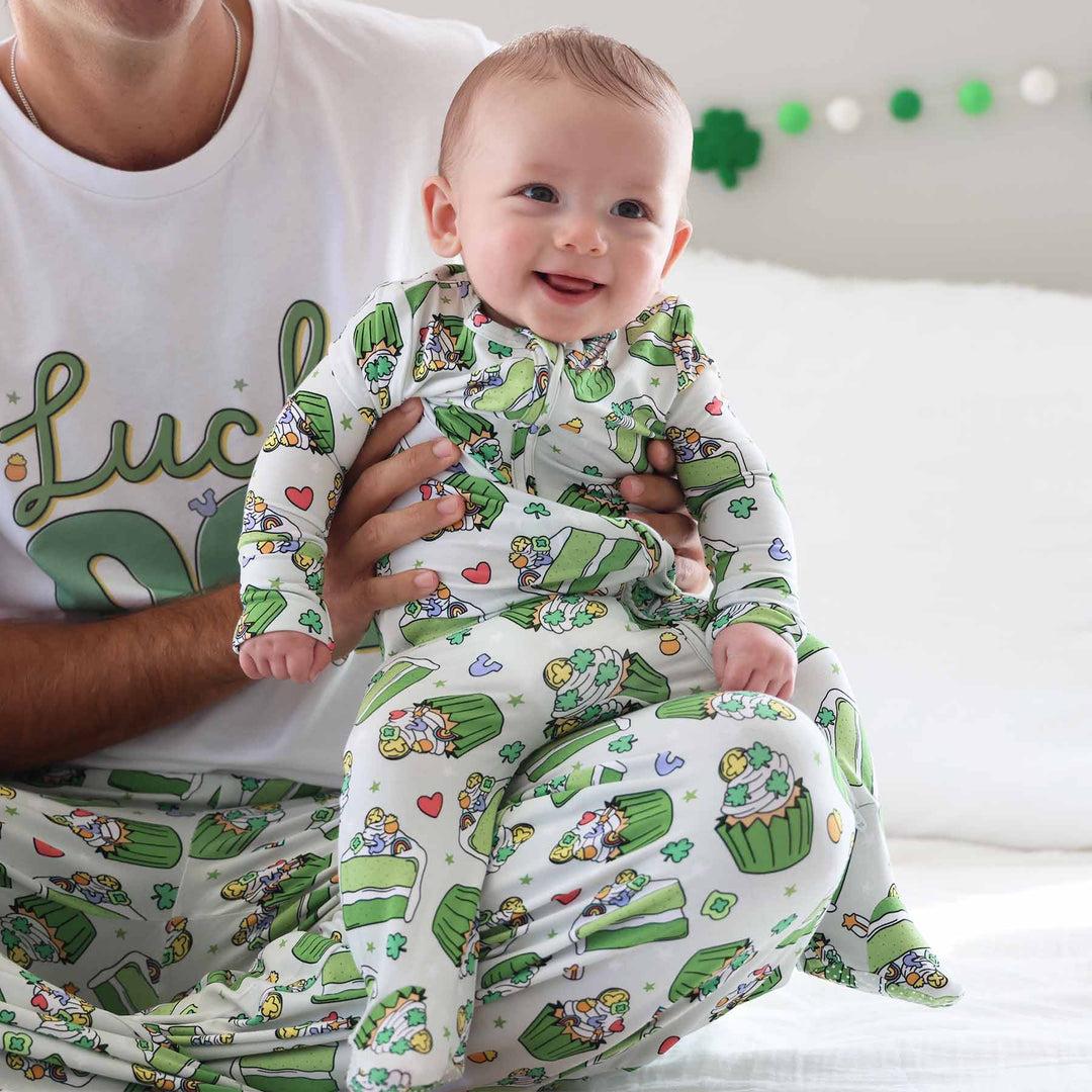 st. patrick's day zipper footie with matching pajama pants for parents