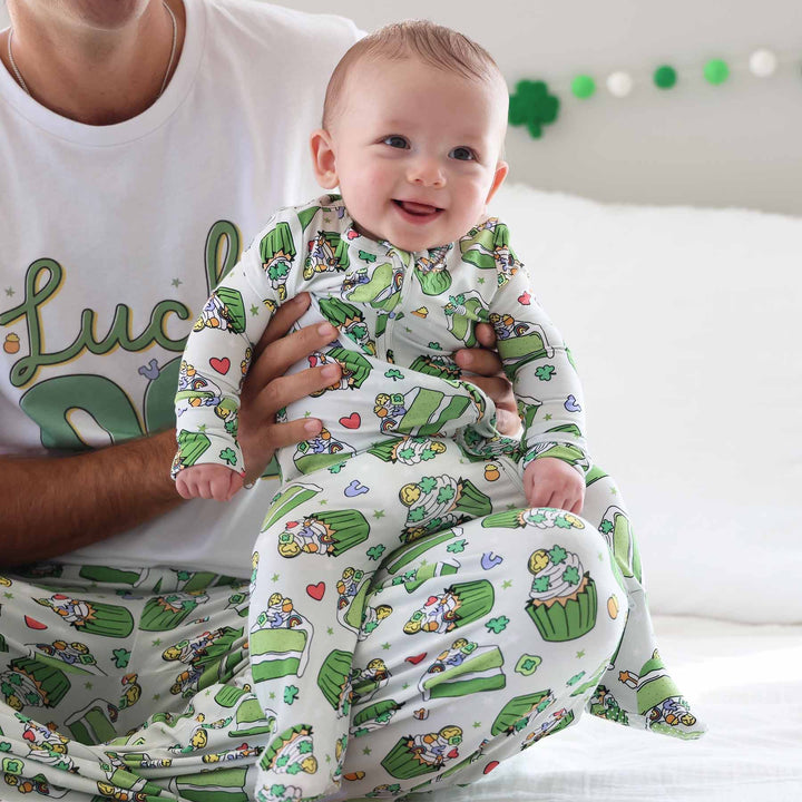 st. patrick's day zipper footie with matching pajama pants for parents
