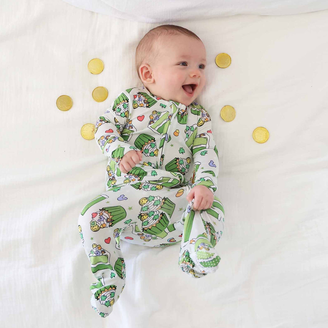 shamrock sweets baby footie pajama for st. patrick's day 