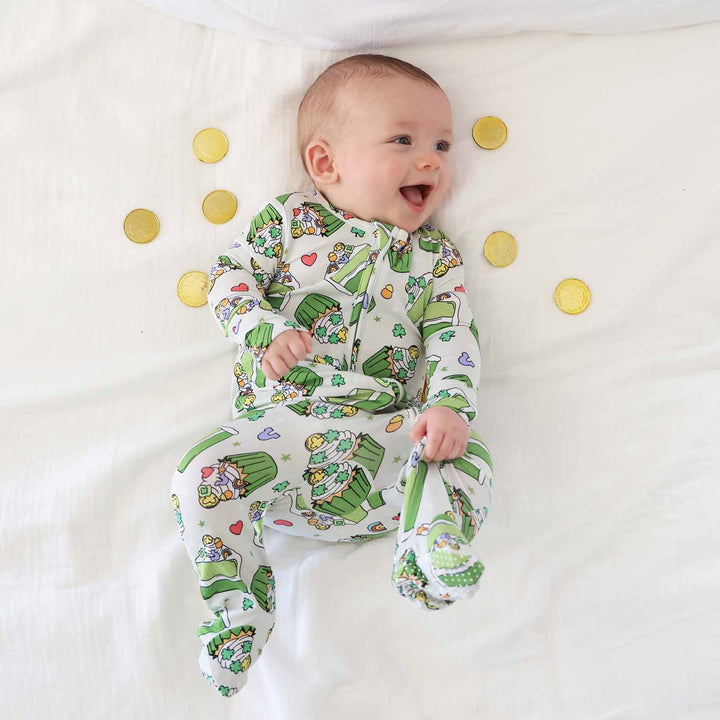 shamrock sweets baby footie pajama for st. patrick's day 