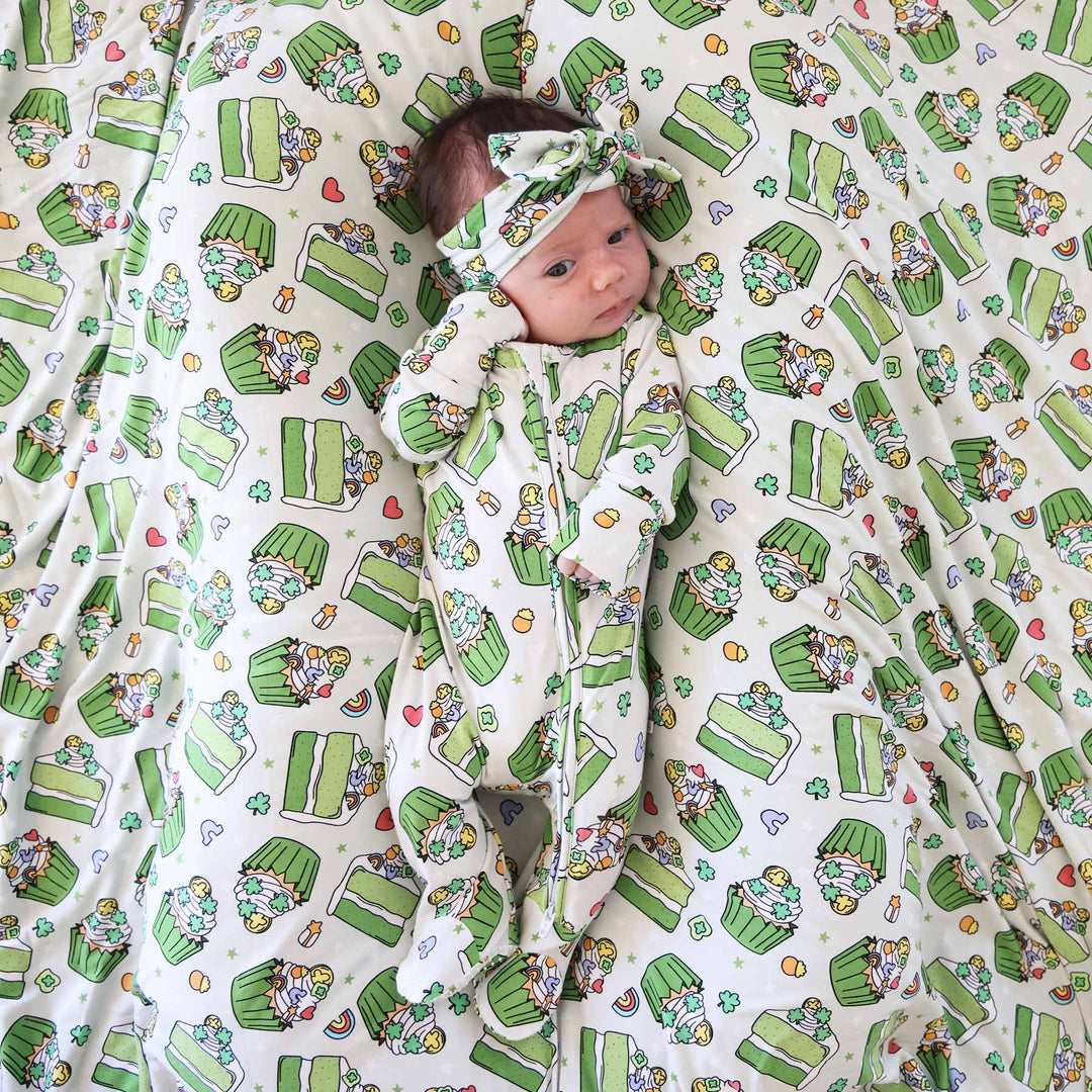 st. patrick's day baby footie pajama with matching blanket and headwrap