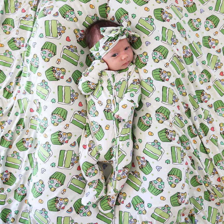 st. patrick's day baby footie pajama with matching blanket and headwrap