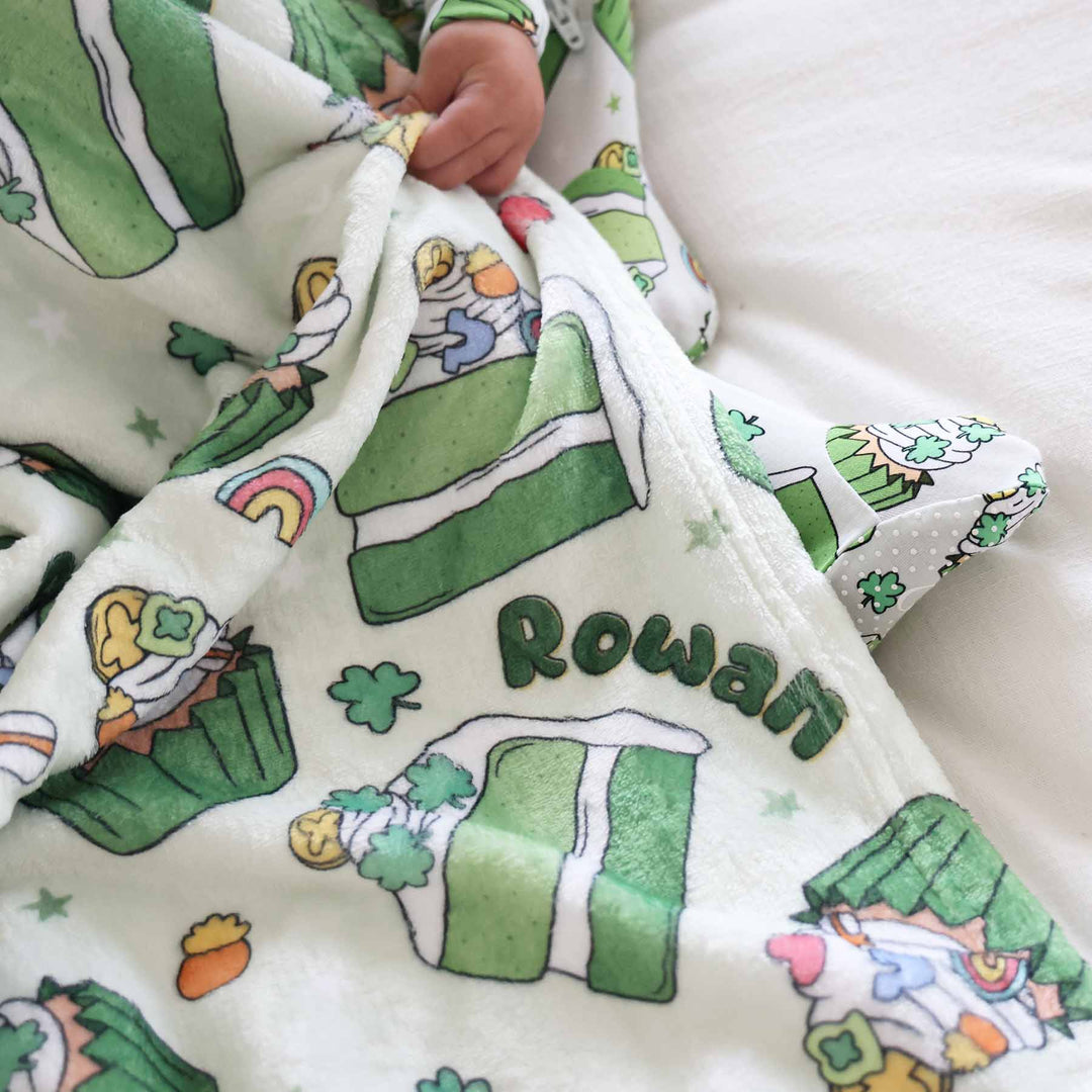 st. patrick's day green cake and cupcake personalized minky blanket for kids 