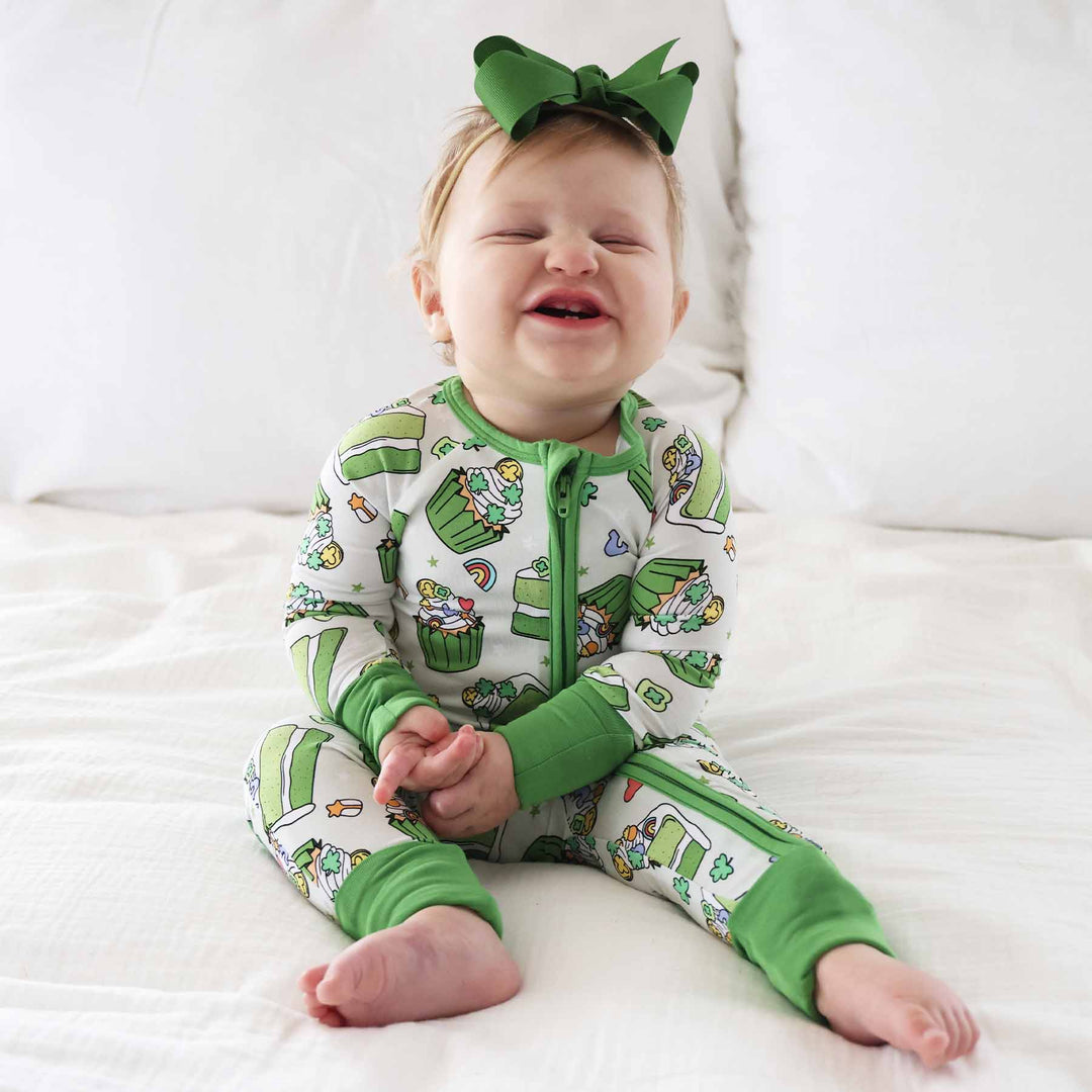 shamrock sweets convertible zip romper with matching green ribbon bow headband 