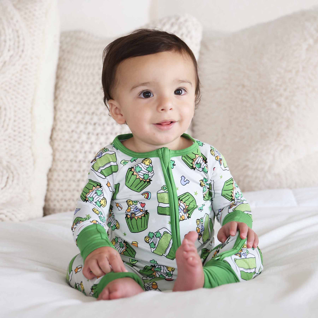 closeup of cupcake and cake zip romper pajama for babies and toddlers 
