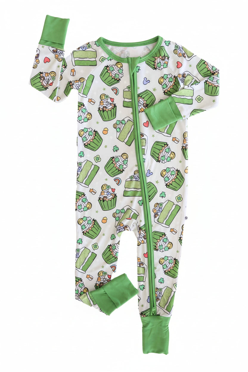 green cake and cupcake zip romper pj for babies and toddlers gender neutral st. patrick's day 