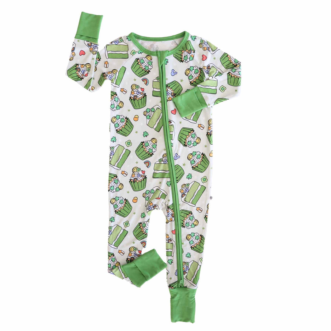green cake and cupcake zip romper pj for babies and toddlers gender neutral st. patrick's day 