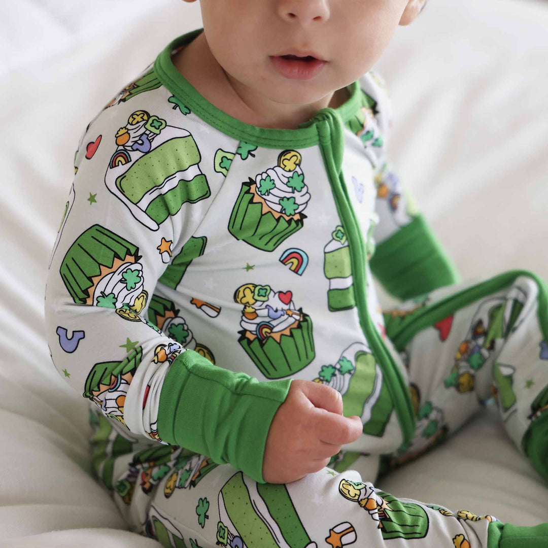 green cake and cupcake bamboo viscose convertible zip romper with lucky charms and clovers 