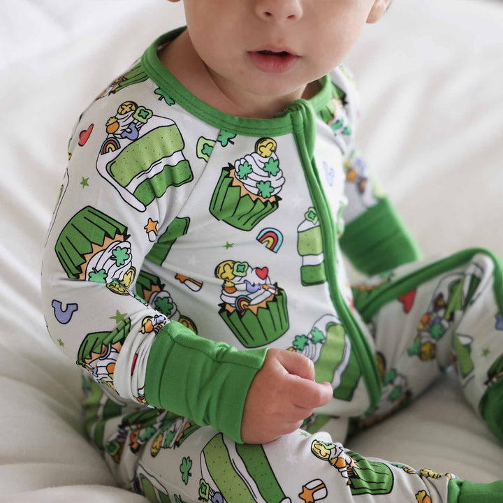green cake and cupcake bamboo viscose convertible zip romper with lucky charms and clovers 