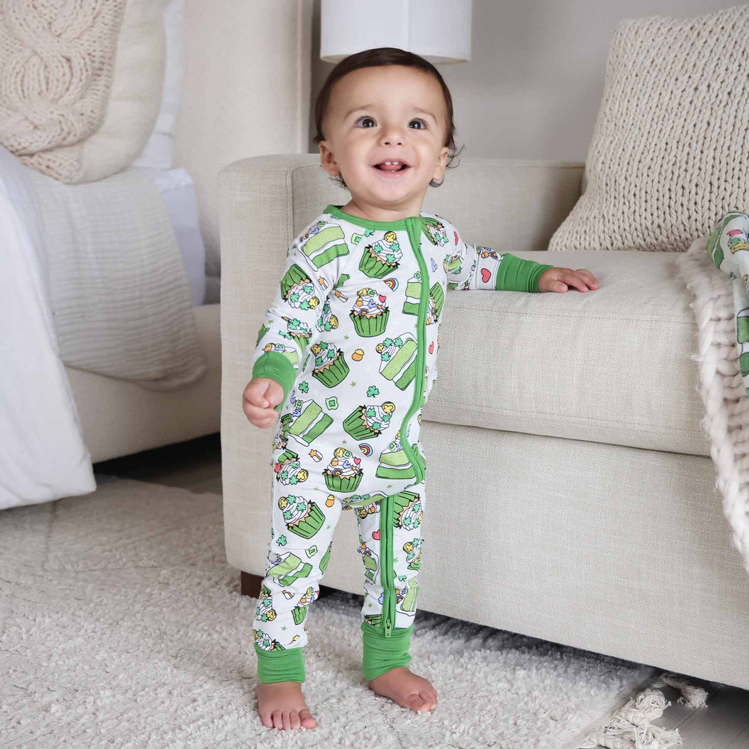 st. patrick's day zip romper pajama for babies and toddlers 