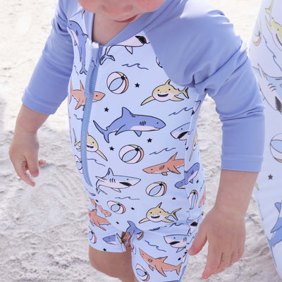 shark rash guard romper with shorts for babies 