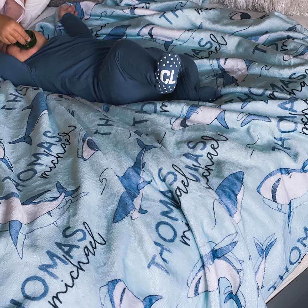 name blanket with sharks 